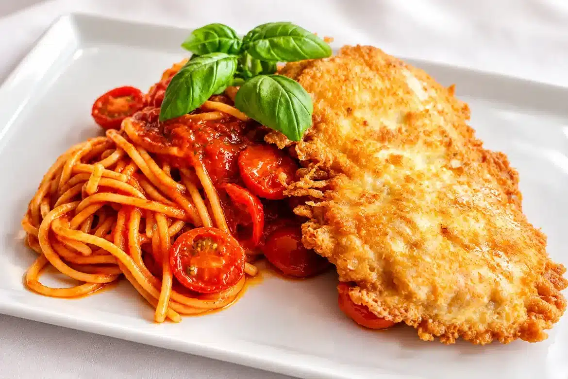 Hähnchen Piccata mit knuspriger Parmesankruste, Spaghetti Pomodoro, Kirschtomaten und Basilikum