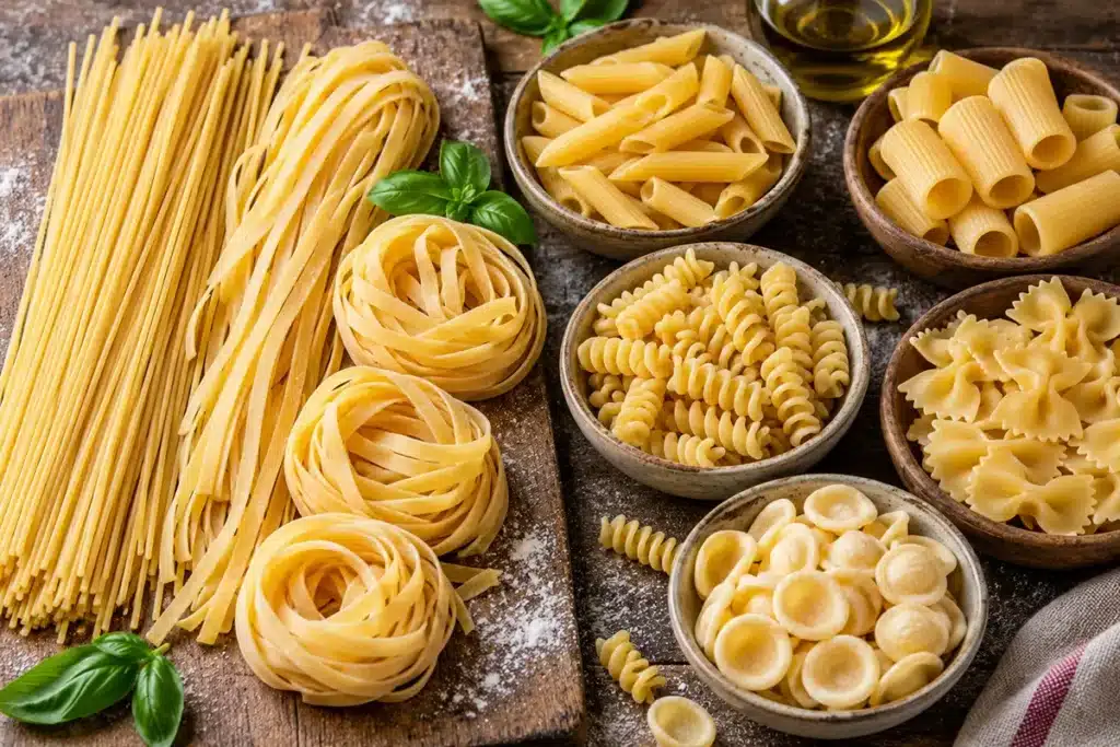 Nudelsorten im Überblick – welche Pasta passt zu welcher Sauce? Auswahl verschiedener Pastaformen mit Spaghetti, Tagliatelle, Penne, Rigatoni, Fusilli, Farfalle und Orecchiette