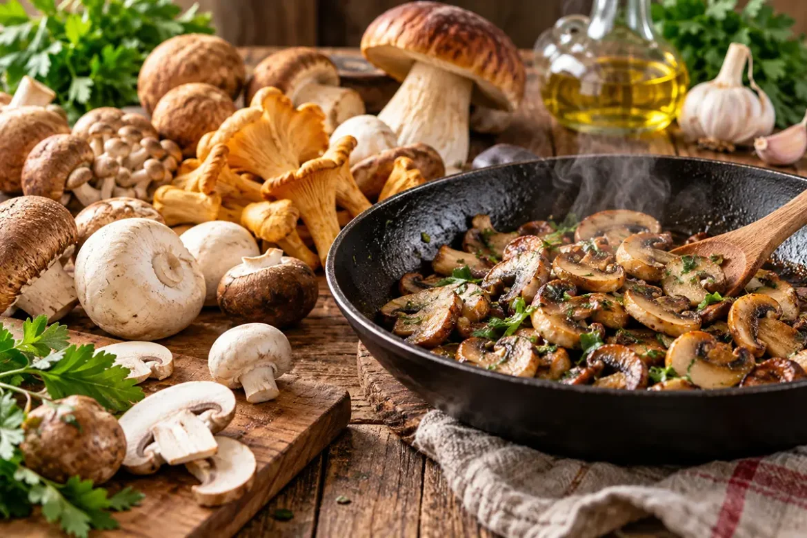 Gebratene Pilze in einer Pfanne mit Champignons, Pfifferlingen, Kräutern und Knoblauch