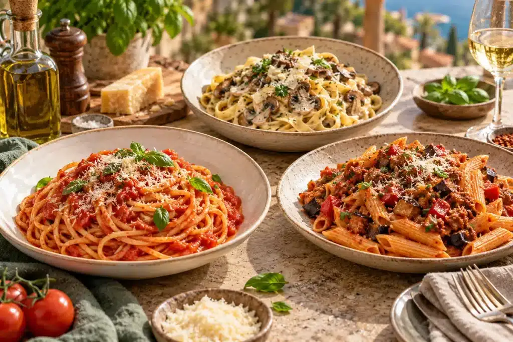 Nudelsorten im Überblick – welche Pasta passt zu welcher Sauce? Verschiedene Pastagerichte mit Spaghetti in Tomatensauce, Tagliatelle mit Pilzen und Penne mit kräftiger Gemüsesauce