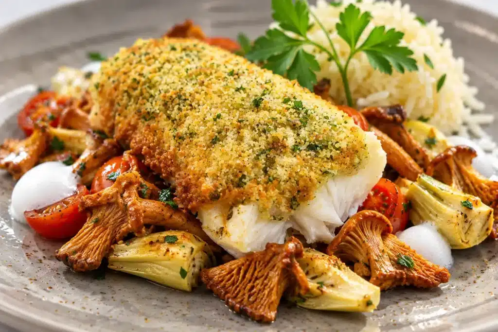 Zanderfilet mit Bergkräuterkruste auf Pfifferling-Artischocken-Gemüse Detailaufnahme von Zanderfilet mit Bergkräuterkruste auf Pfifferlingen und Artischocken
