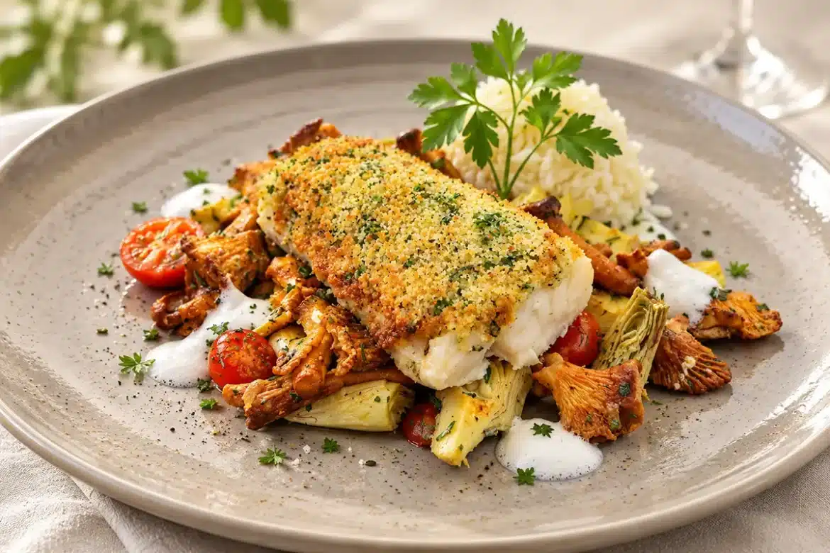 Zanderfilet mit Bergkräuterkruste auf Pfifferling-Artischocken-Tomaten-Gemüse mit Butterreis